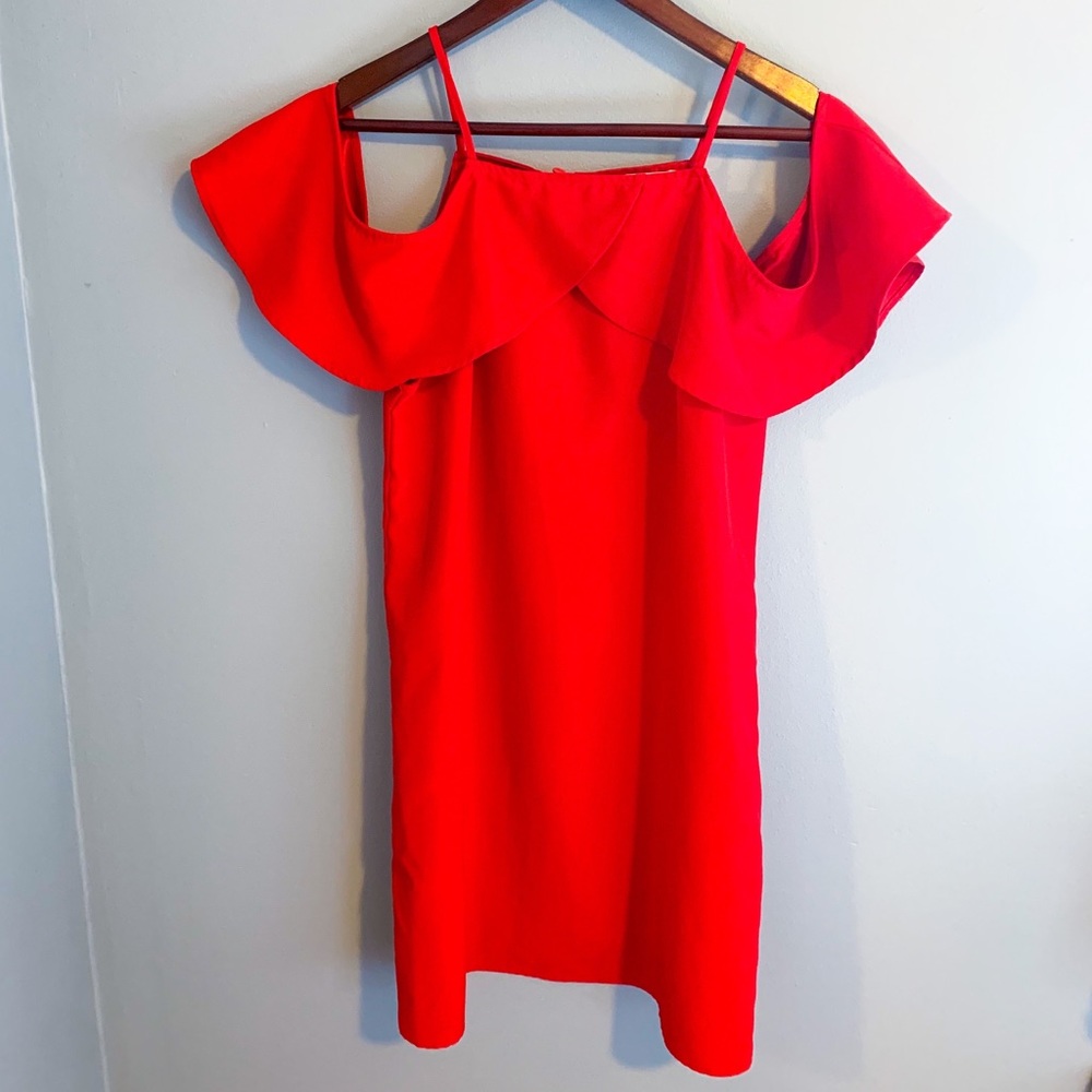 Francesca’s red off the shoulder dress